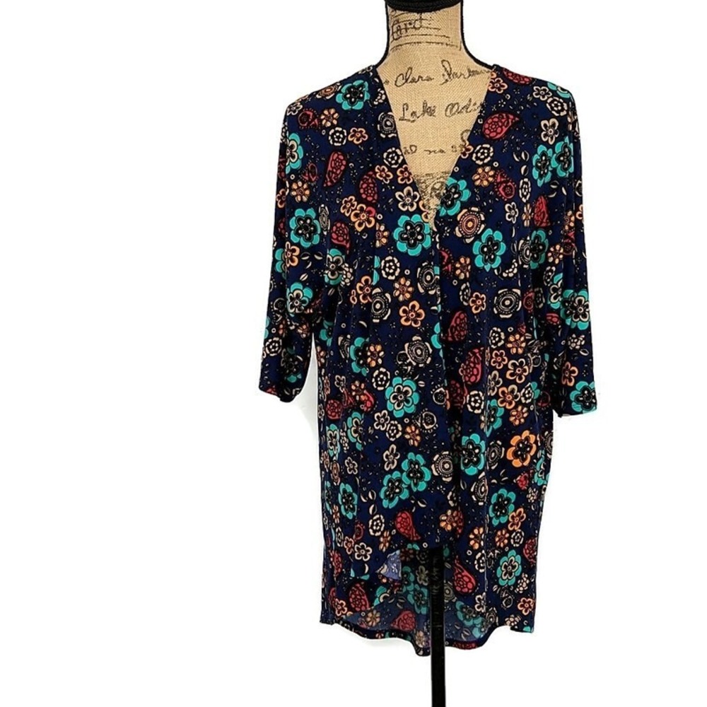 LuLaRoe Cardigan Womens Small Navy Blue Floral 3/4 Sleeve Open Front Kimono Boho